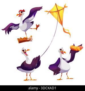 Personnage de mouette de dessin animé avec des ailes violettes et des expressions ludiques. Oiseau blanc avec bandana rouge sur bûche en bois, tenant le cerf-volant jaune et le hot-dog. Mascotte de plage dans des poses drôles avec bec orange et pieds. Illustration de Vecteur