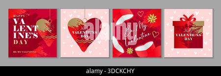 Joyeuses salutations de Saint Valentin, Be My Valentine 2026 art bannières set. Boîtes cadeaux de boule de coeur et de Saint-Valentin - couvertures d'art .illustration vectorielle Illustration de Vecteur