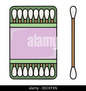 Illustration vectorielle mignonne d'un paquet de cotons-tiges et d'un seul coton-tige, avec une zone d'étiquette violet pastel. Illustration de Vecteur