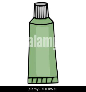 Une illustration vectorielle dessinée à la main d'un tube compressible vert sauge avec un capuchon côtelé gris, adapté pour représenter la crème de soin de la peau, la pommade à base de plantes, ou Illustration de Vecteur