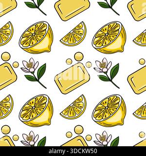 Motif vectoriel sans couture avec des tranches de citron jaune vif, des barres de savon, des fleurs délicates et des bulles abstraites, évoquant une esthétique fraîche et propre. Illustration de Vecteur
