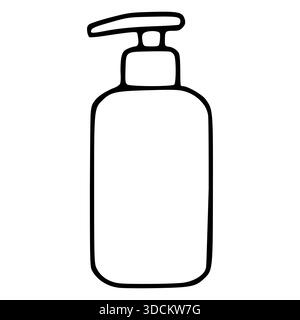 Illustration vectorielle dessinée à la main d'un distributeur de savon liquide simple avec une pompe, avec un contour épuré et minimaliste sur un fond blanc. Illustration de Vecteur