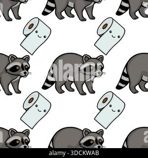 Adorable motif vectoriel avec des ratons laveurs mignons et des rouleaux de papier toilette souriants sur un fond blanc, parfait pour des conceptions ludiques. Illustration de Vecteur