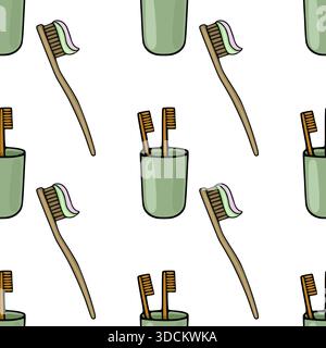 Un motif vectoriel sans couture avec des brosses à dents en bambou en bois dessinées à la main avec du dentifrice rayé et une paire de brosses dans une tasse en verre vert pour Susta Illustration de Vecteur