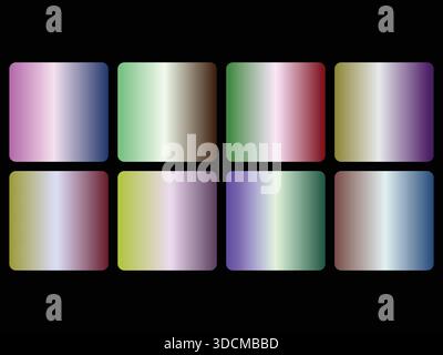 Un ensemble visuellement attrayant de huit nuances de dégradé uniques, chacune présentant des transitions de couleur fluides dans des formes carrées arrondies. Cette colle polyvalente Illustration de Vecteur