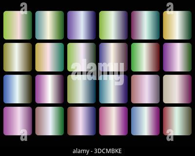 Une collection variée de 24 nuances dégradées modernes, chacune présentant une transition de couleur fluide. Cette palette vibrante comprend une gamme de pastels doux, Illustration de Vecteur
