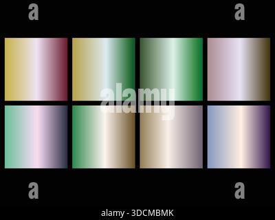 Cette image présente un ensemble diversifié de huit gradients métalliques linéaires lisses, chacun offrant un mélange unique de couleurs chatoyantes. De l'or riche et ma Illustration de Vecteur