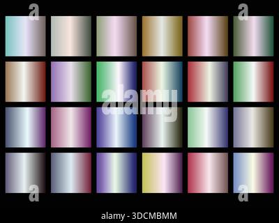 Une collection fascinante de vingt-cinq échantillons de gradient métallique et irisé uniques disposés dans une grille soignée sur un fond noir. Chaque squ Illustration de Vecteur