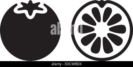 Ensemble d'icônes tomate entière et Slice Silhouette pour la conception d'aliments végétaux frais Illustration de Vecteur