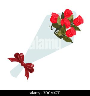 Un bouquet de cinq roses rouge vif enveloppé dans du papier d'emballage avec un noeud en ruban rouge. Illustration vectorielle isolée sur Illustration de Vecteur