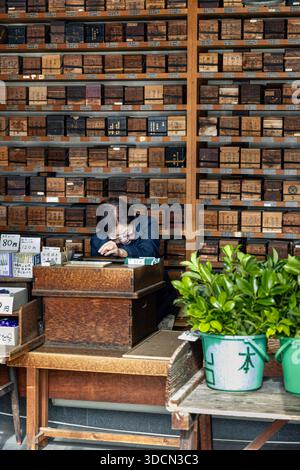 Vieux commerçant japonais de la boutique de fleuriste du cimetière Otani Cemetery, Kyoto, Japon Banque D'Images