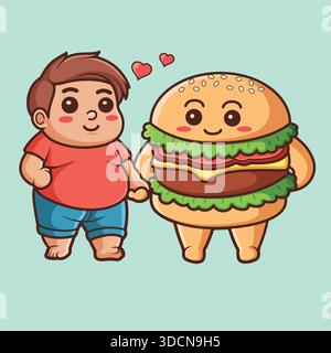 Illustration mignonne d'un garçon qui aime vraiment les hamburgers, se tenant la main avec un hamburger Illustration de Vecteur