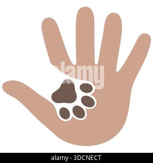 Illustration logo soin et préoccupation pour les animaux de compagnie. Patte de chien dans la main d'une personne sur un fond blanc Illustration de Vecteur