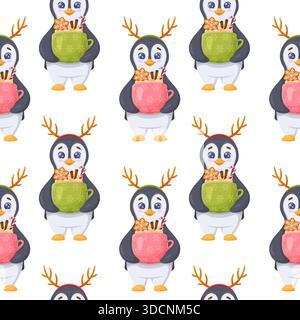 motif sans couture d'hiver avec des pingouins drôles et du chocolat chaud. Illustration de Vecteur