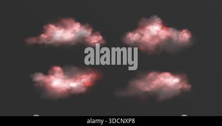 Nuages roses magiques ensemble isolé sur fond. Illustration réaliste vectorielle de nuages de ciel de rêve, d'éléments de conception de paysage nuageux moelleux, de fumée légère transparente, de barbe à papa gonflée, de texture de brume fumée Illustration de Vecteur