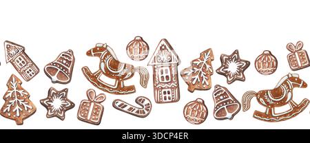 Illustration aquarelle sans couture. Décoration de noël dessinée à la main, canne, bonbons, biscuits, bonhomme de neige, étoile, cloche, présent, cheval. symbole 2026. Hiver Banque D'Images