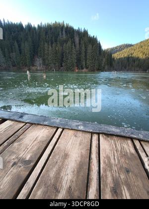 Red Lake Romania, lac de montagne gelé entouré d'une dense forêt de pins sous un ciel clair, vu d'une jetée en bois dans un paysage d'hiver paisible. Banque D'Images