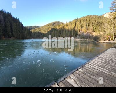 Red Lake Romania, lac de montagne gelé entouré d'une dense forêt de pins sous un ciel clair, vu d'une jetée en bois dans un paysage d'hiver paisible. Banque D'Images