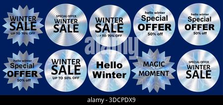 Vente d'hiver étiquette hologramme, autocollants holographiques avec dégradés. Étiquettes argentées réalistes avec texte - vente d'hiver, offre spéciale. Illustration de Vecteur