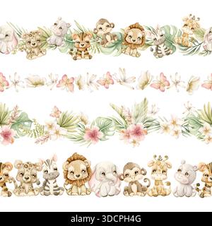 Animaux mignons plantes tropicales Seamless Borders Set. Safari Jungle Exotic Flower Leaves aquarelle peinte à la main été pastel neutre Illustrat isolé Banque D'Images