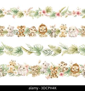 Animaux mignons plantes tropicales Seamless Borders Set. Safari Jungle Exotic Flower Leaves aquarelle peinte à la main été pastel neutre Illustrat isolé Banque D'Images
