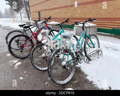 Bicyclettes. Vélos, cycles, deux-roues. Plusieurs vélos couverts de neige et de glace, verrouillés à un porte-vélos par une journée d'hiver glaciale. Banque D'Images