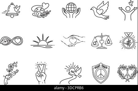 Icônes de ligne de paix et d'amour avec colombe, coeur, mains, globe et symboles d'égalité. Illustration EPS vectorielle de contour minimal pour la charité et l'harmonie. Illustration de Vecteur