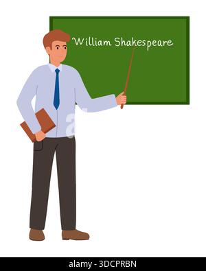 Homme debout devant un tableau vert avec le nom William Shakespeare. Il tient livre et pointeur. Professeur de littérature. Illustration de Vecteur