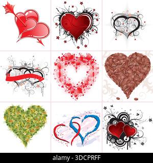 Série de 9 coeurs pour la Saint-Valentin dans différents styles, vector illustration Illustration de Vecteur