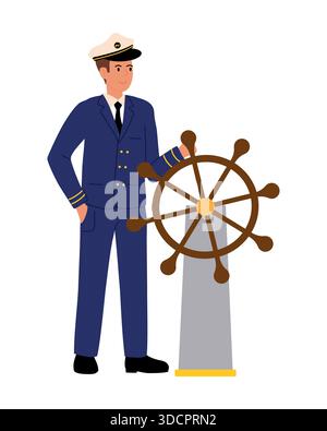 Capitaine. Homme en uniforme bleu capitaine tenant la roue des navires. Illustration vectorielle plate de la collection professions Illustration de Vecteur