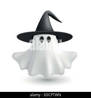 Vecteur 3d fantôme avec chapeau de sorcière. Illustration vectorielle blanche simple et mignonne. Personnage fantôme d'Halloween avec chapeau de sorcier noir et feuille flottante Illustration de Vecteur