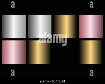 Six carrés métalliques sont disposés, présentant différentes couleurs comme l'or, l'argent et le rose. Illustration de Vecteur
