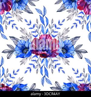 Motif floral aquarelle sans couture avec des fleurs d'anémone expressives dans des tons bleu profond et Bordeaux, entouré de feuilles élégantes et botaniques Banque D'Images