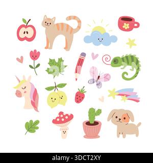 Ensemble de clipart dessiné à la main mignon avec des animaux, des fruits, des fleurs et des éléments confortables Illustration de Vecteur