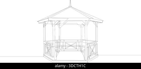 Gazebo de jardin d'été dessin de ligne continue. Construction en bois illustration vectorielle monoligne noire minimaliste. Illustration de Vecteur