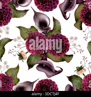 Motif aquarelle sans couture avec lys calla sombres, dahlias Bordeaux et feuilles vertes sur fond blanc. Parfait pour la conception de tissu, l'emballage, nous Banque D'Images
