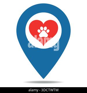 Illustration du logo de soin des animaux. Pointeur bleu avec coeur de chien et patte sur fond blanc. Illustration de Vecteur