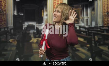 Femme tient le rouleau de diplôme avec ruban rouge et tasses main à oreille tout en écoutant dans le bâtiment orné de l'église avec des bancs et des colonnes ; incertitude. Banque D'Images
