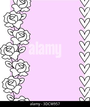 Coeurs et roses cadre Saint-Valentin bordure verticale sans couture. Illustration en noir et blanc de la ligne graphique vectorielle. pour paquet, conception de vacances, tissu Illustration de Vecteur