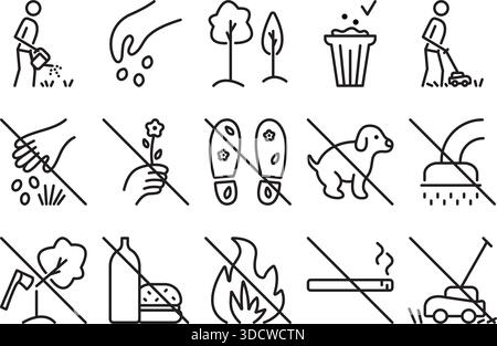 Jeu d'icônes de vecteur de pelouse de ligne noire. Panneaux classiques pour les parcs, les jardins et les fermes et pictogrammes d'interdiction. Trait modifiable prohibitif monochrome linéaire Illustration de Vecteur