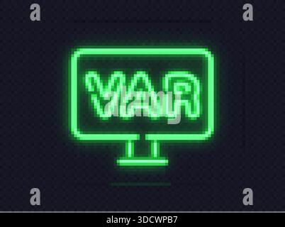 Icône néon d'un écran VAR lumineux en vert sur fond sombre. Affichage symbolique pour la revue d'un assistant vidéo de football. Illustration de Vecteur