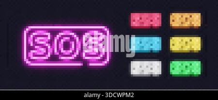 Ensemble de panneaux lumineux au néon SOS de différentes couleurs, idéal pour les thèmes d'urgence, les alertes ou les visuels liés au sauvetage. Illustration de Vecteur