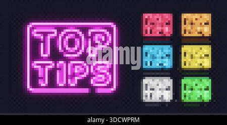 Collection de panneaux lumineux TOP TIPS dans un style néon coloré, idéal pour des conseils, des hacks ou des visuels de contenu informatif. Illustration de Vecteur