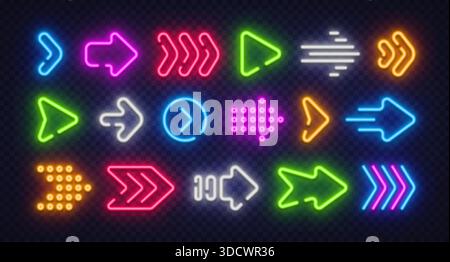 Une collection vibrante d'icônes de flèche néon dans diverses formes, couleurs et styles sur un fond transparent foncé. Les symboles lumineux fonctionnent bien pour Illustration de Vecteur