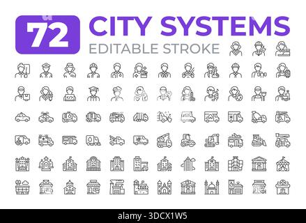 Icônes de ligne de systèmes de ville grand ensemble Illustration de Vecteur