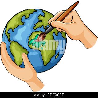 Mains de bande dessinée peignant soigneusement les continents verts sur la terre bleue, illustration vectorielle propre avec fond blanc Illustration de Vecteur