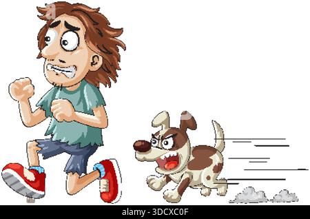 Illustration vectorielle humoristique d'un homme effrayé fuyant un chien poursuivant en colère. Illustration de Vecteur