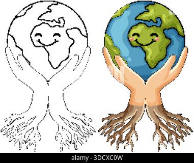 Terre mignonne souriante bercée par des mains humaines avec des racines d'arbre, style d'illustration vectorielle coloré Illustration de Vecteur