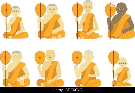 Une collection d'illustrations sereines mettant en vedette huit moines bouddhistes thaïlandais Theravada vêtus de robes orange, méditant et tenant un éventail Illustration de Vecteur