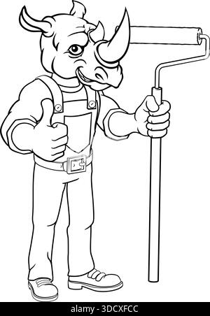 Rhino Painter Decorator Paint Roller Mascot Homme Illustration de Vecteur